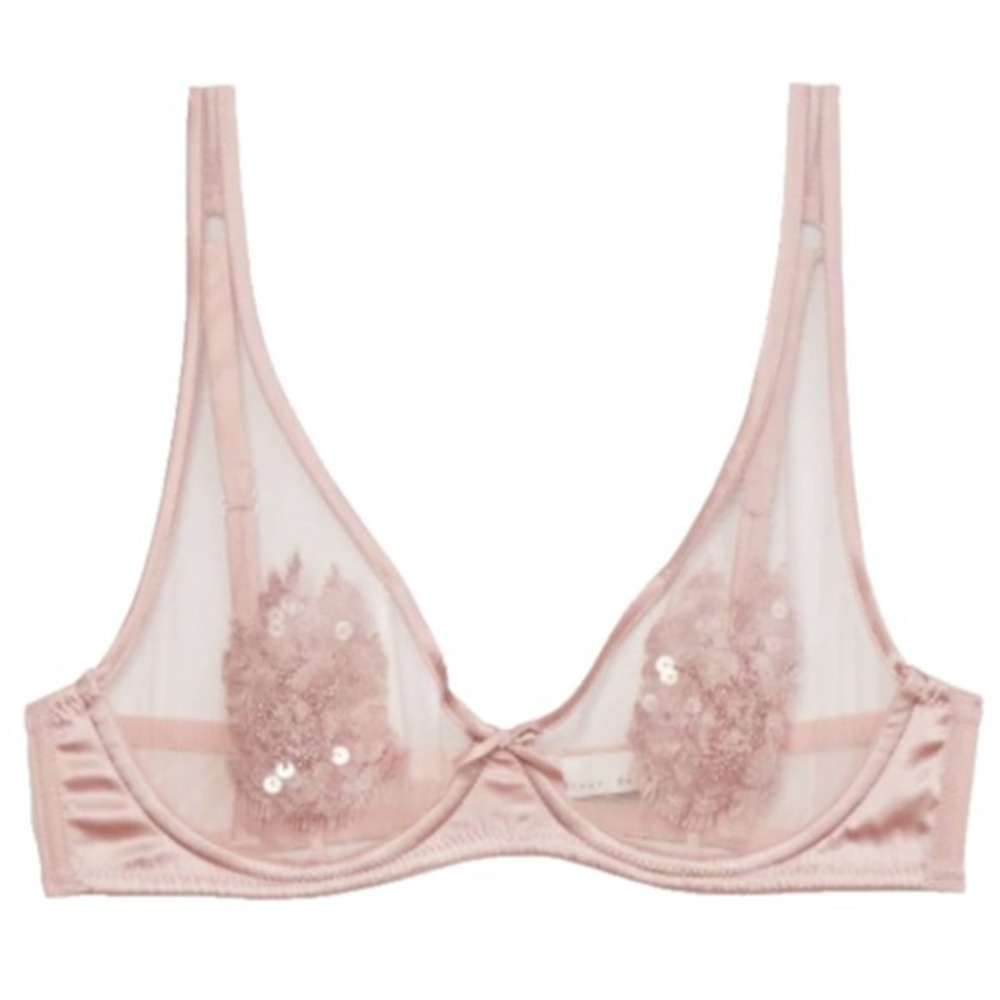 Fleur du Mal x Marilyn Monroe Mesh Beaded Lace Appliqué Bra in Blush Pink sz 36D